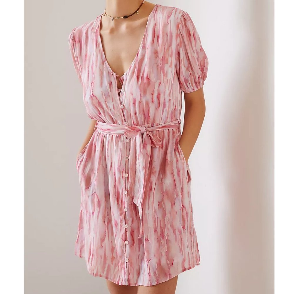Anthropologie Cloth & Stone Watercolor Belted Mini Dress Pink Medium